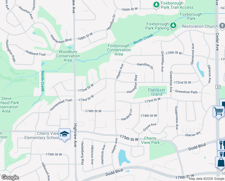 map of restaurants, bars, coffee shops, grocery stores, and more near 17259 Hayes Avenue in Lakeville