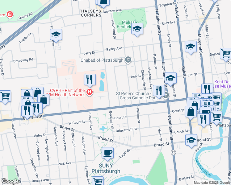 map of restaurants, bars, coffee shops, grocery stores, and more near 11 Morrison Ave in Plattsburgh