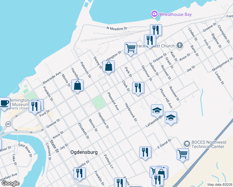 map of restaurants, bars, coffee shops, grocery stores, and more near 419 Hasbrouck Street in Ogdensburg