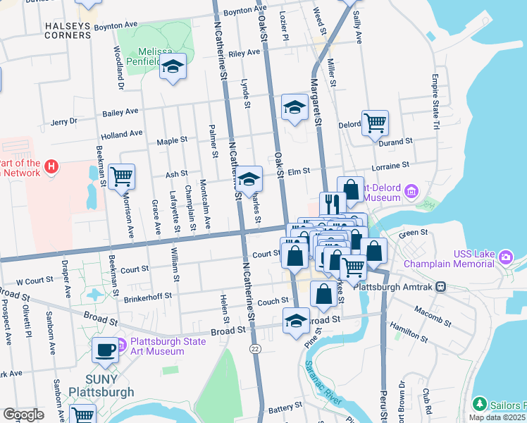 map of restaurants, bars, coffee shops, grocery stores, and more near 55 Oak Street in Plattsburgh