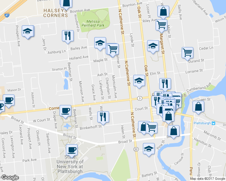 map of restaurants, bars, coffee shops, grocery stores, and more near 27 Montcalm Avenue in Plattsburgh