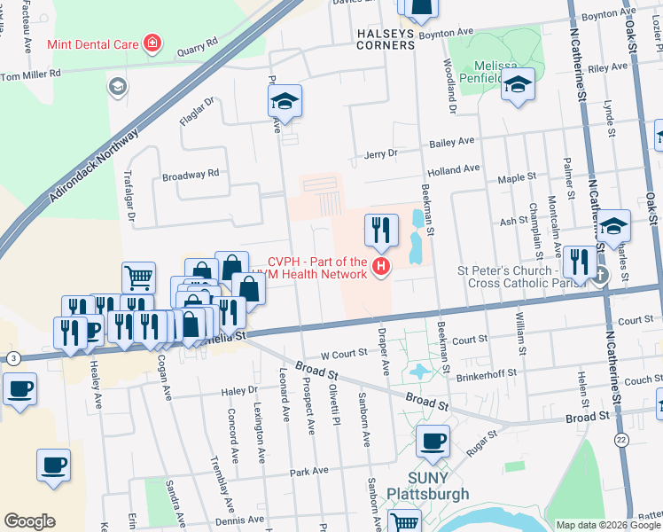 map of restaurants, bars, coffee shops, grocery stores, and more near 2 Jeffrey Ln in Plattsburgh