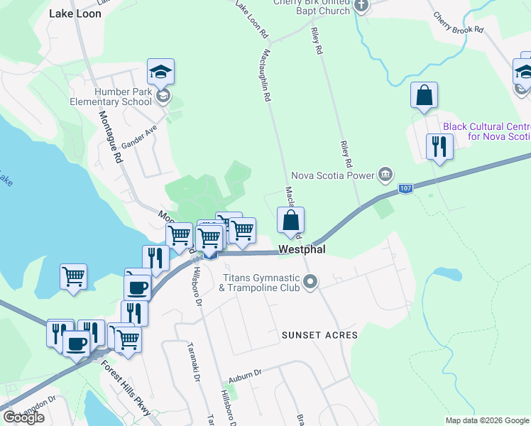 map of restaurants, bars, coffee shops, grocery stores, and more near 47 Prescott Drive in Halifax
