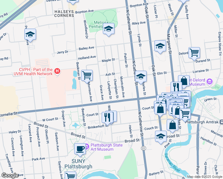 map of restaurants, bars, coffee shops, grocery stores, and more near 22 Lafayette Street in Plattsburgh