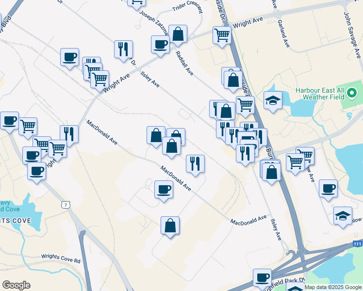 map of restaurants, bars, coffee shops, grocery stores, and more near 41 Thornhill Drive in Dartmouth