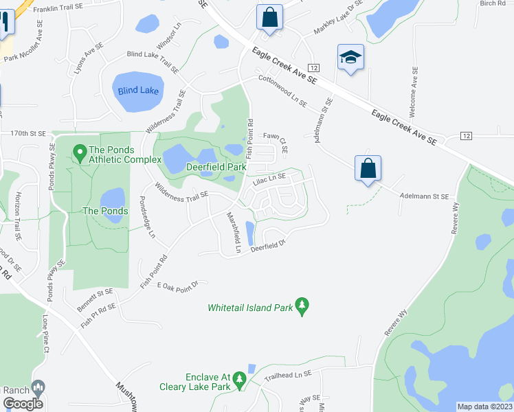 map of restaurants, bars, coffee shops, grocery stores, and more near 17301 Wilderness Circle Southeast in Prior Lake