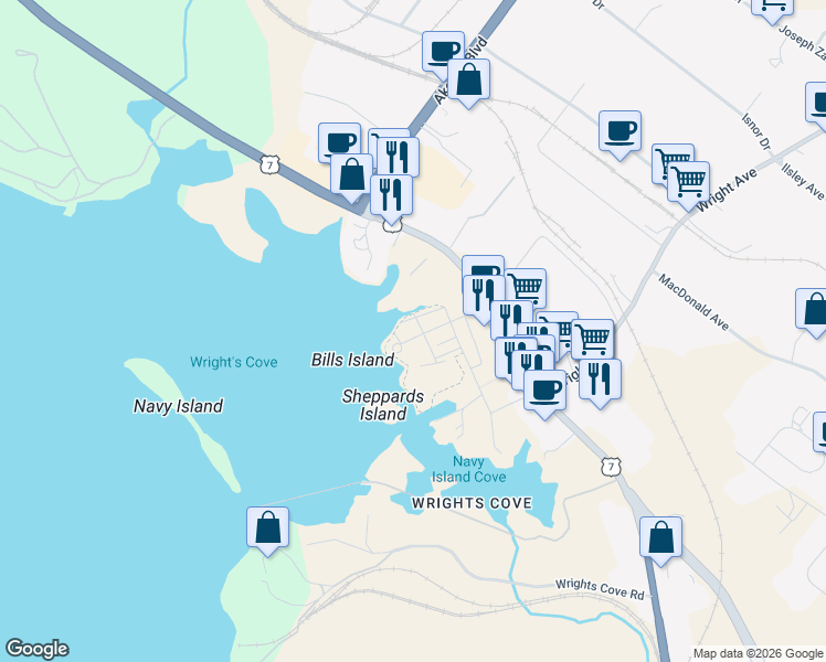 map of restaurants, bars, coffee shops, grocery stores, and more near 72 Seapoint Road in Dartmouth