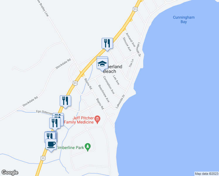 map of restaurants, bars, coffee shops, grocery stores, and more near 3424 Coronation Avenue in Orillia