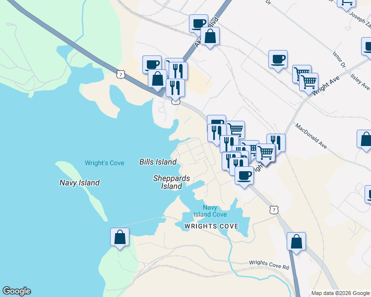 map of restaurants, bars, coffee shops, grocery stores, and more near 51 Seapoint Road in Dartmouth