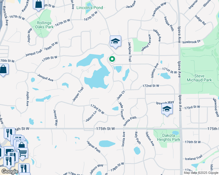 map of restaurants, bars, coffee shops, grocery stores, and more near 17185 Jackson Trail in Lakeville