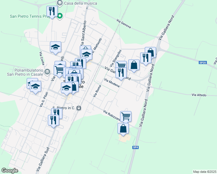 map of restaurants, bars, coffee shops, grocery stores, and more near 127 Via Modena in San Pietro In Casale