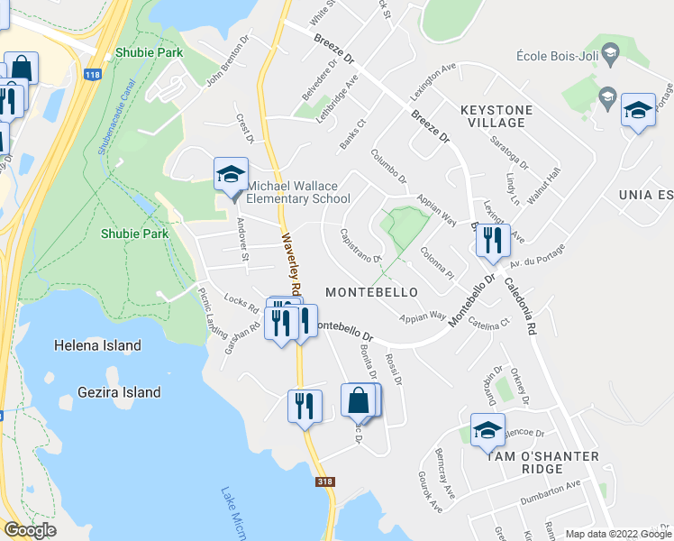 map of restaurants, bars, coffee shops, grocery stores, and more near 45 Appian Way in Dartmouth