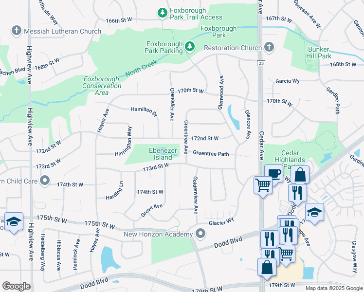 map of restaurants, bars, coffee shops, grocery stores, and more near 17235 Greentree Avenue in Lakeville