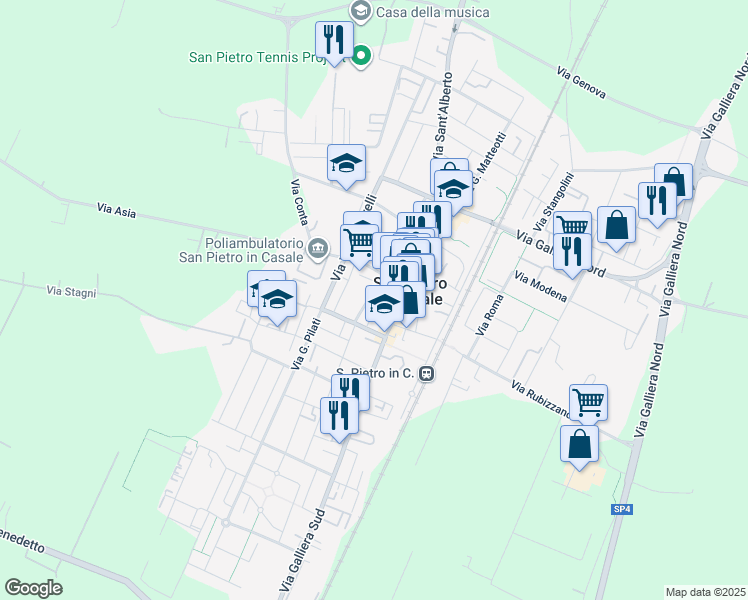 map of restaurants, bars, coffee shops, grocery stores, and more near 22 Via V. Pescerelli in San Pietro In Casale