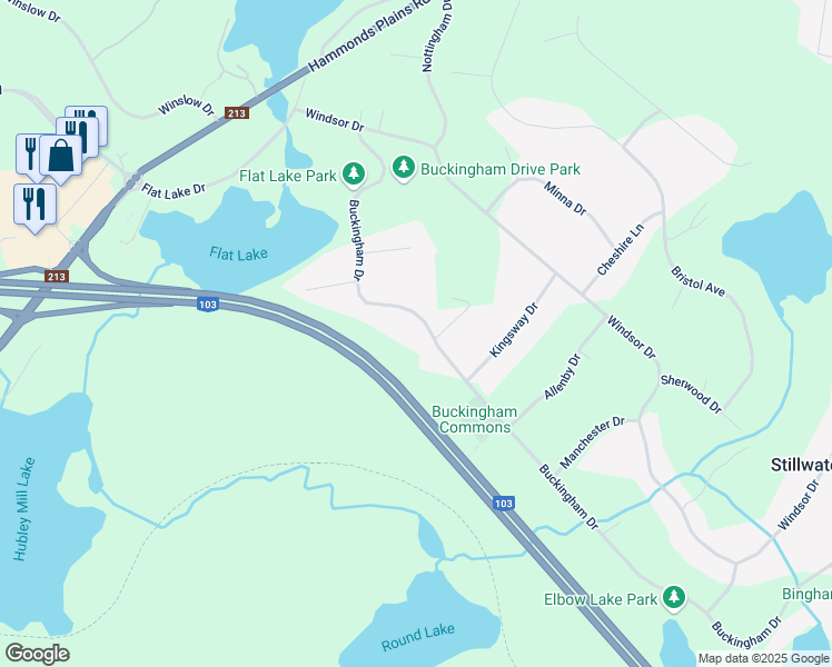 map of restaurants, bars, coffee shops, grocery stores, and more near 139 Buckingham Drive in Stillwater Lake