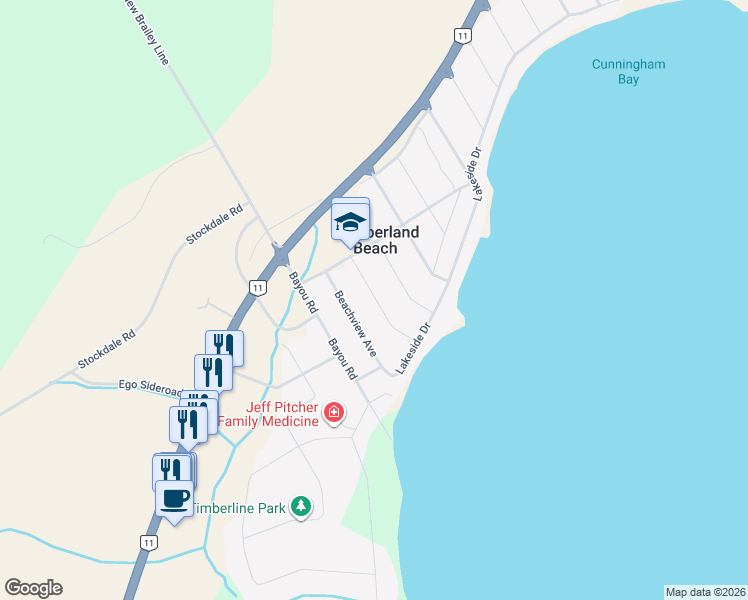 map of restaurants, bars, coffee shops, grocery stores, and more near 3418 Coronation Avenue in Orillia