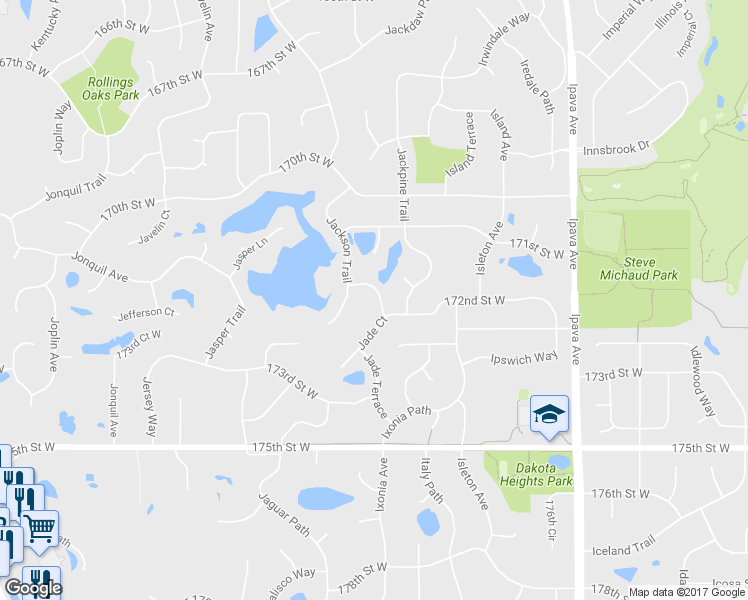 map of restaurants, bars, coffee shops, grocery stores, and more near 17150 Jackrabbit Path in Lakeville