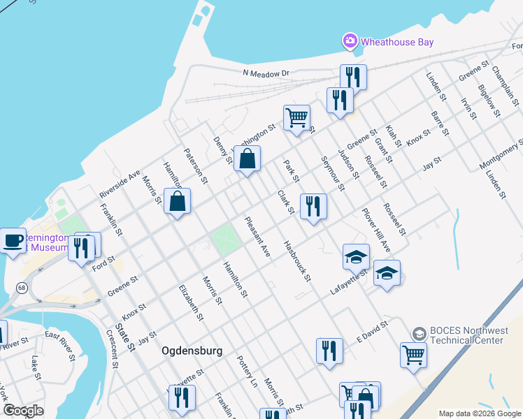 map of restaurants, bars, coffee shops, grocery stores, and more near 419 Hasbrouck Street in Ogdensburg