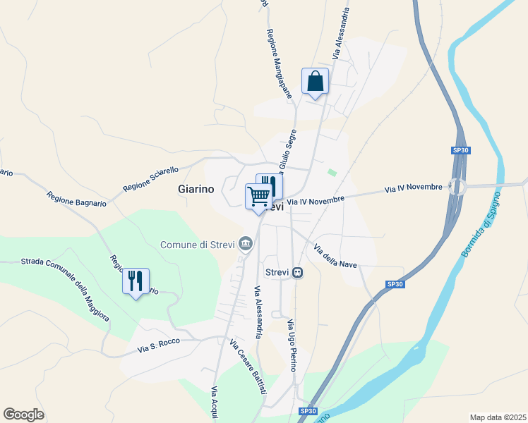 map of restaurants, bars, coffee shops, grocery stores, and more near in Strevi