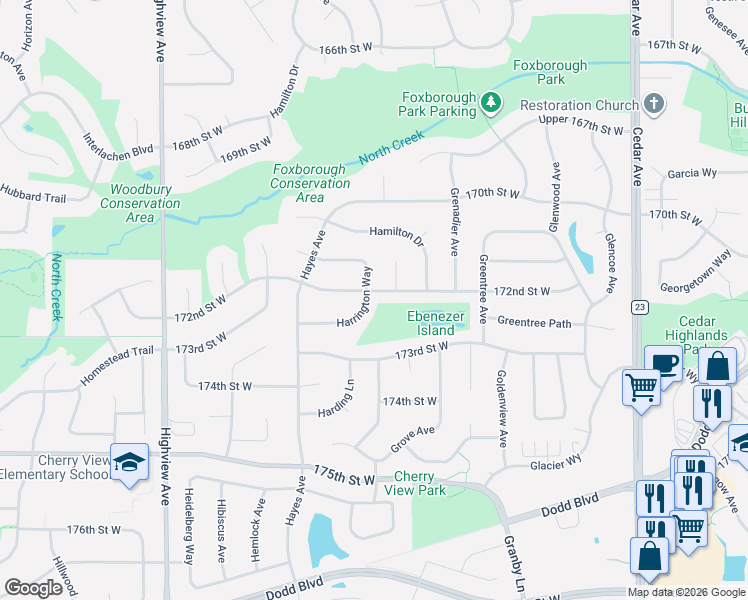map of restaurants, bars, coffee shops, grocery stores, and more near 17221 Harrington Way in Lakeville