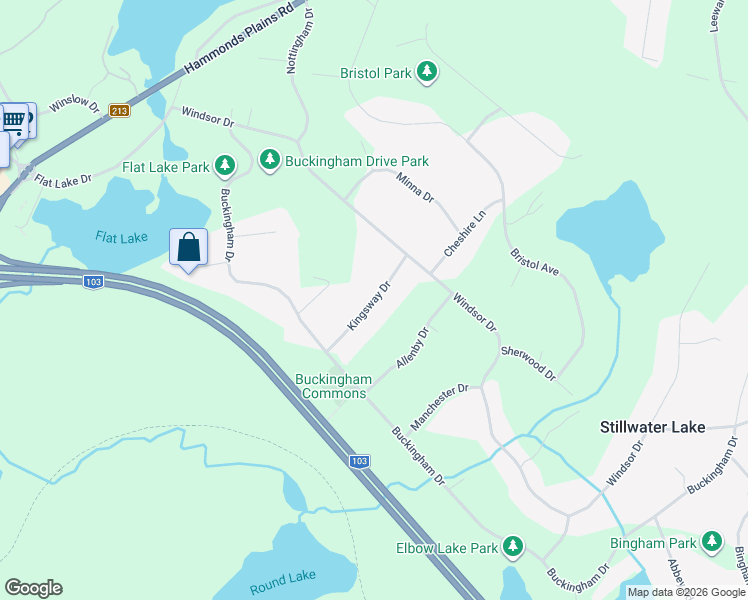 map of restaurants, bars, coffee shops, grocery stores, and more near Kingsway Drive in Stillwater Lake
