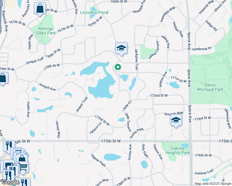 map of restaurants, bars, coffee shops, grocery stores, and more near 17185 Jackson Trail in Lakeville