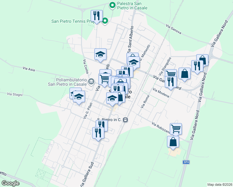 map of restaurants, bars, coffee shops, grocery stores, and more near 22 Via V. Pescerelli in San Pietro In Casale