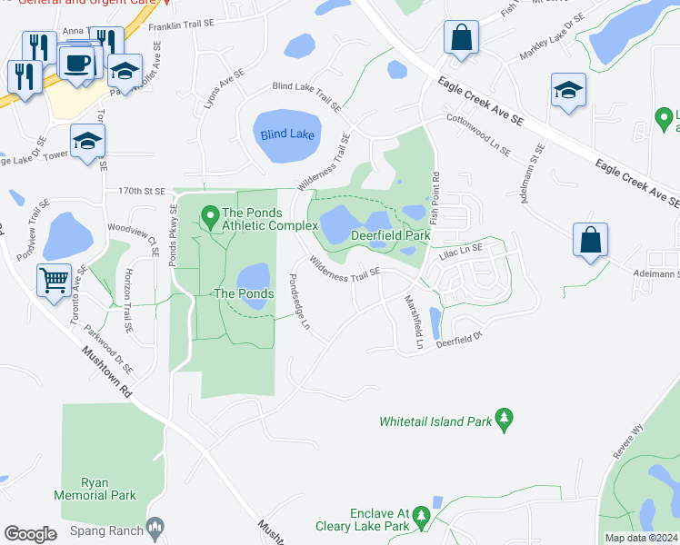 map of restaurants, bars, coffee shops, grocery stores, and more near 17175 Wilderness Trail Southeast in Prior Lake