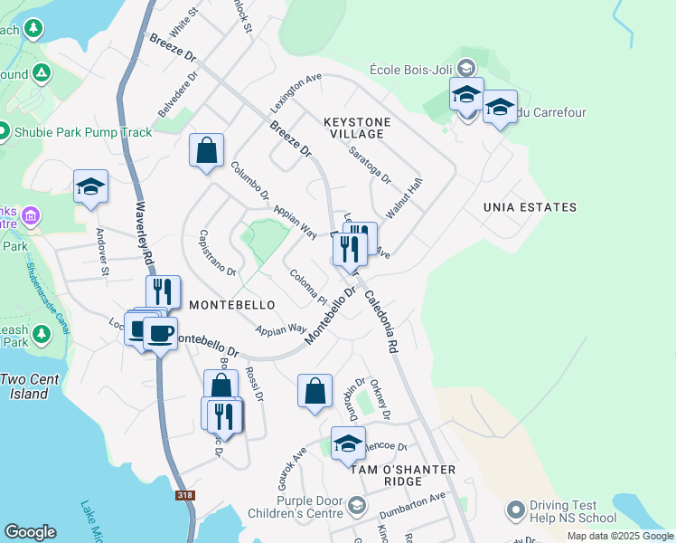 map of restaurants, bars, coffee shops, grocery stores, and more near Lombardy Lane in Dartmouth