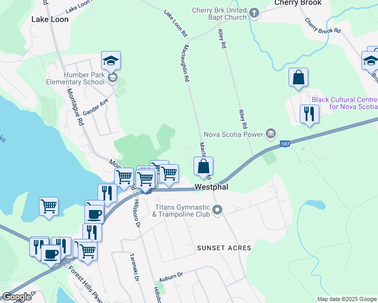 map of restaurants, bars, coffee shops, grocery stores, and more near 22 Prescott Drive in Halifax