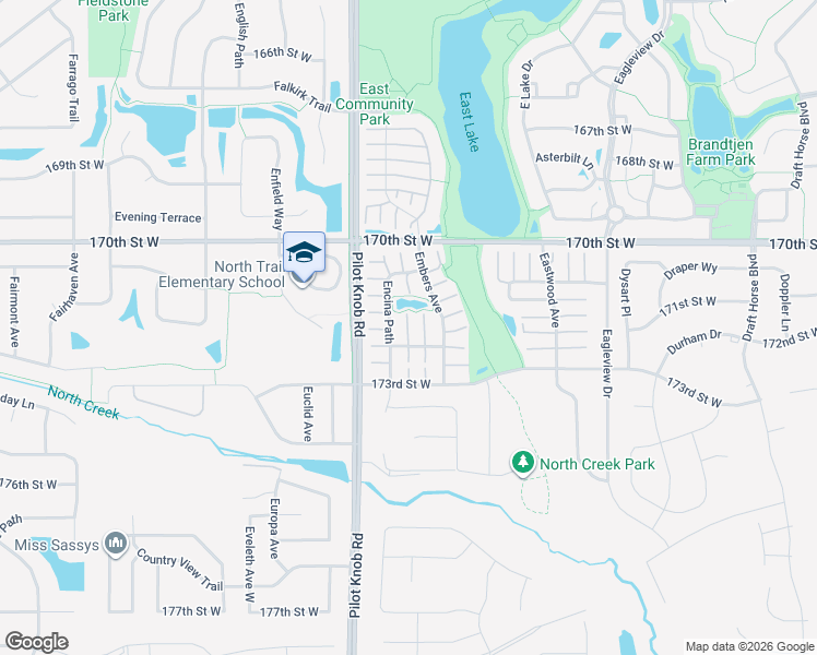 map of restaurants, bars, coffee shops, grocery stores, and more near 5370 172nd Street West in Farmington