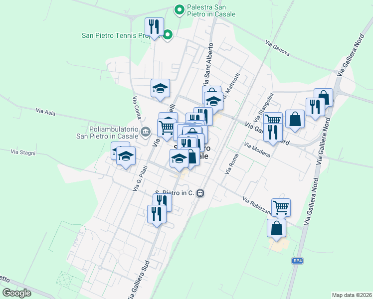 map of restaurants, bars, coffee shops, grocery stores, and more near 22 Via V. Pescerelli in San Pietro In Casale