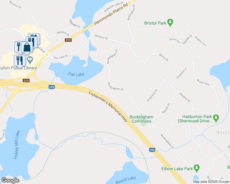 map of restaurants, bars, coffee shops, grocery stores, and more near 119 Buckingham Drive in Stillwater Lake