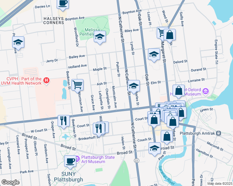 map of restaurants, bars, coffee shops, grocery stores, and more near 27 Montcalm Avenue in Plattsburgh