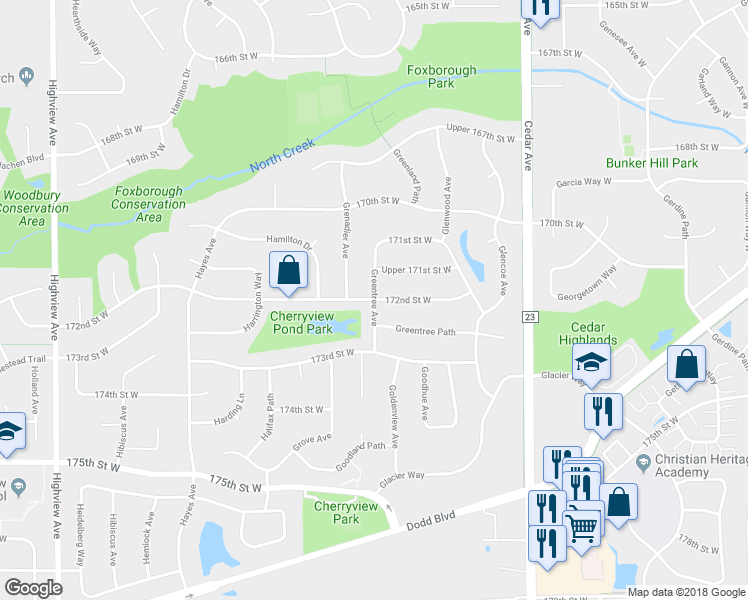 map of restaurants, bars, coffee shops, grocery stores, and more near 17199 Greentree Avenue in Lakeville