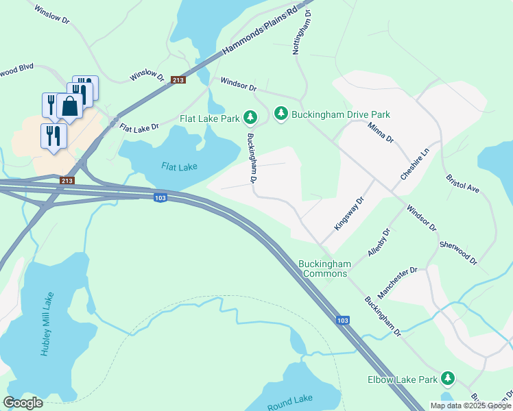 map of restaurants, bars, coffee shops, grocery stores, and more near 119 Buckingham Drive in Stillwater Lake