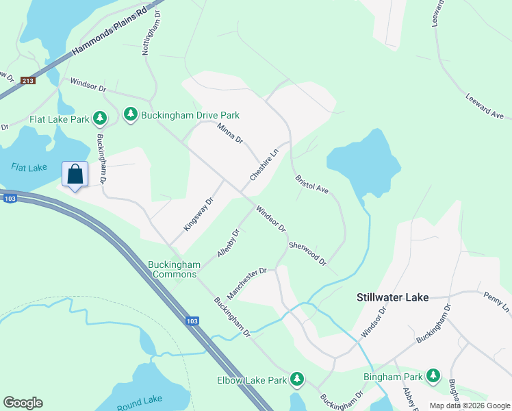 map of restaurants, bars, coffee shops, grocery stores, and more near Windsor Drive in Stillwater Lake