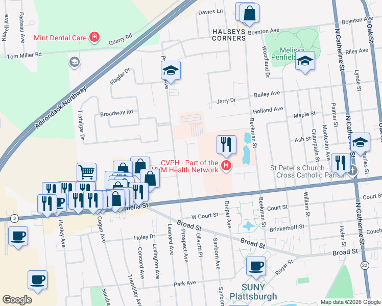 map of restaurants, bars, coffee shops, grocery stores, and more near 2 Jeffrey Ln in Plattsburgh