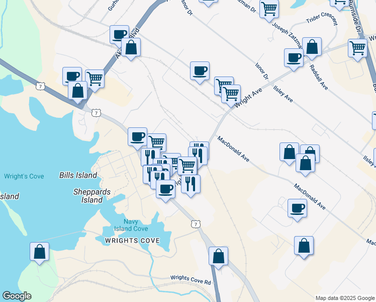 map of restaurants, bars, coffee shops, grocery stores, and more near 21 McCurdy Avenue in Dartmouth