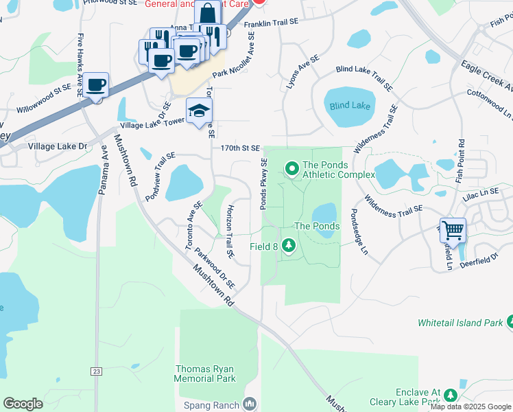 map of restaurants, bars, coffee shops, grocery stores, and more near 17211 Woodview Court Southeast in Prior Lake