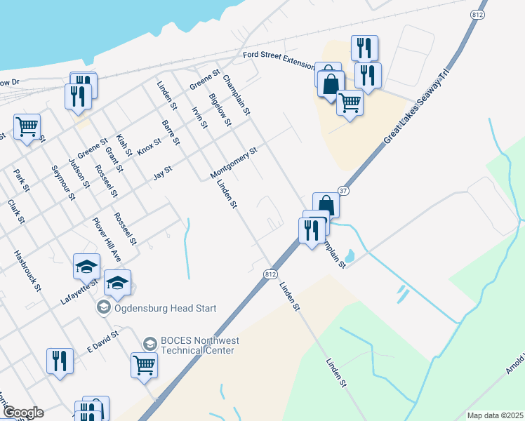map of restaurants, bars, coffee shops, grocery stores, and more near 950 Linden Street in Ogdensburg