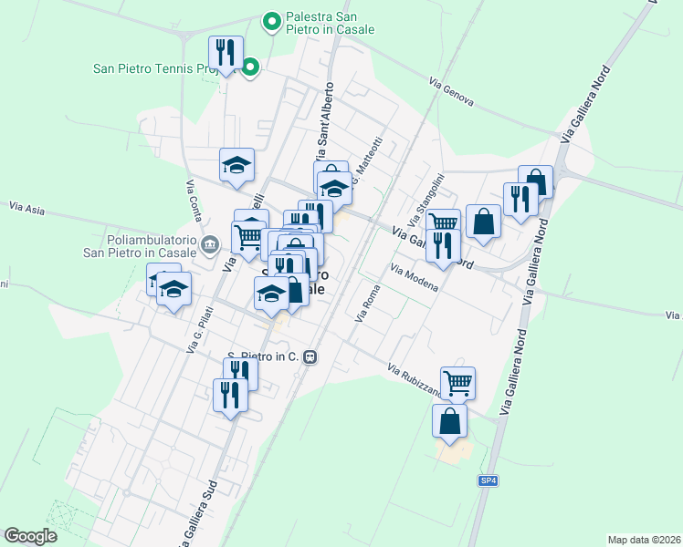 map of restaurants, bars, coffee shops, grocery stores, and more near 15 Via Filippo Corridoni in San Pietro In Casale