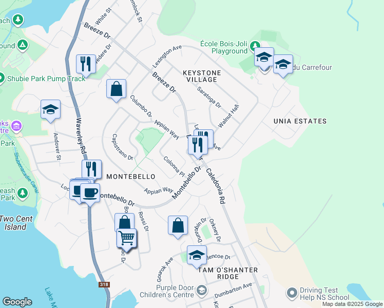 map of restaurants, bars, coffee shops, grocery stores, and more near 1 Lombardy Lane in Dartmouth
