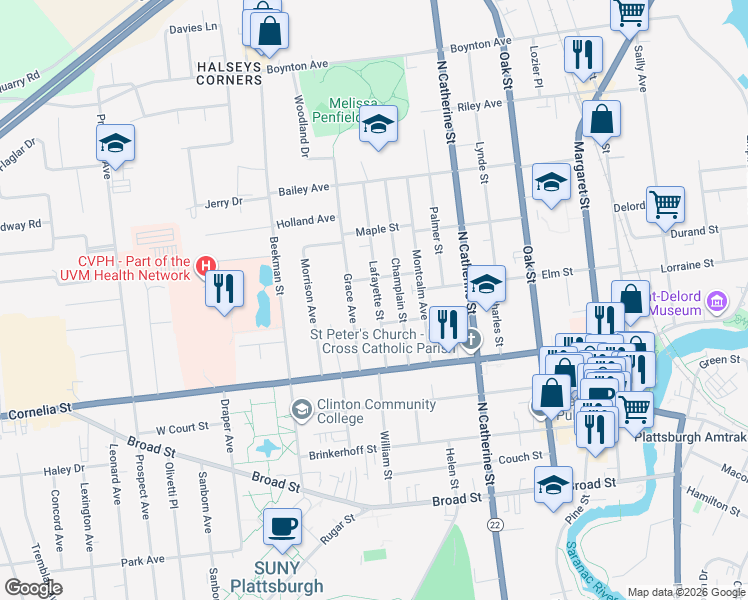 map of restaurants, bars, coffee shops, grocery stores, and more near 12 Ash Street in Plattsburgh