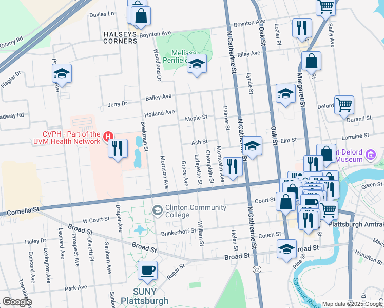 map of restaurants, bars, coffee shops, grocery stores, and more near 12 Ash Street in Plattsburgh