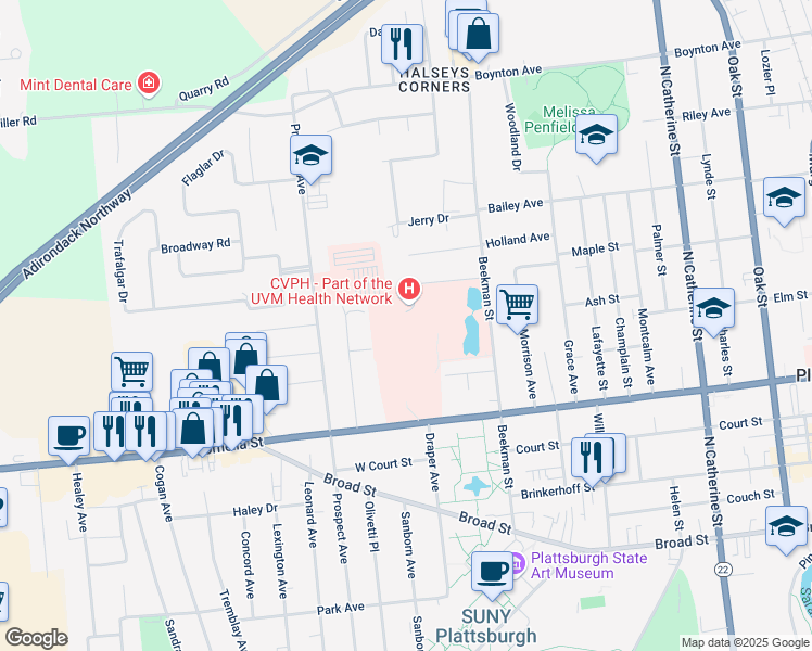 map of restaurants, bars, coffee shops, grocery stores, and more near 210 Cornelia Street in Plattsburgh