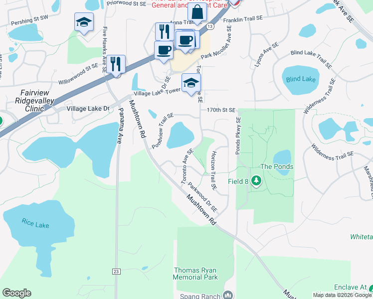 map of restaurants, bars, coffee shops, grocery stores, and more near 17194 Toronto Avenue Southeast in Prior Lake