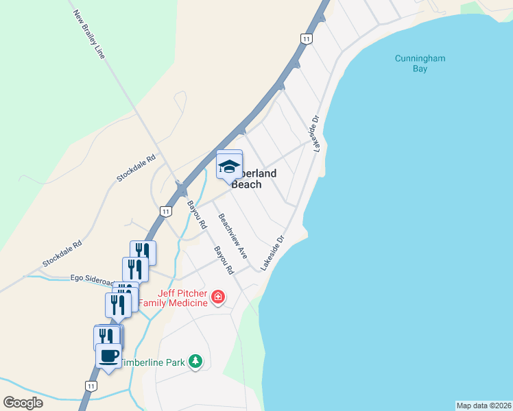 map of restaurants, bars, coffee shops, grocery stores, and more near 3414 Lee Avenue in Orillia