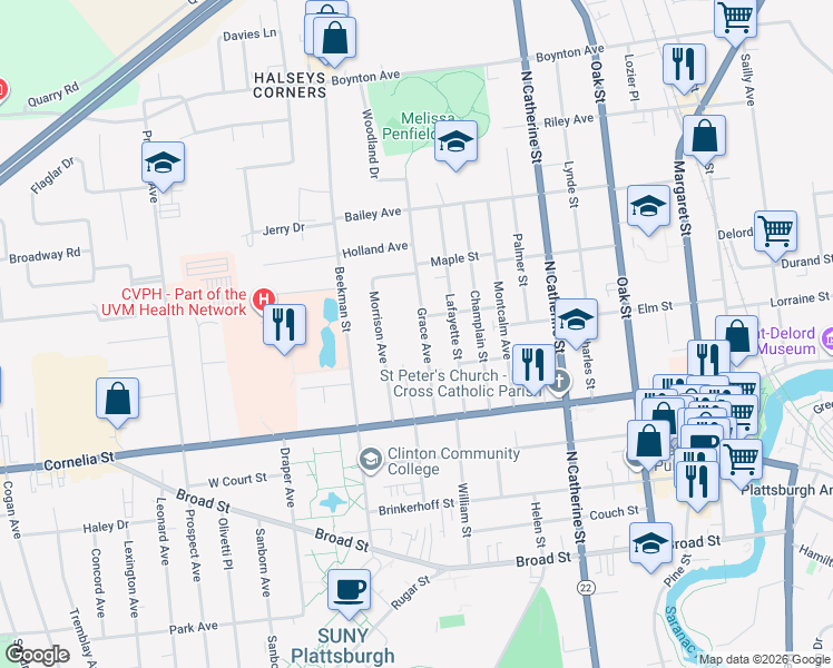 map of restaurants, bars, coffee shops, grocery stores, and more near 31 Grace Avenue in Plattsburgh
