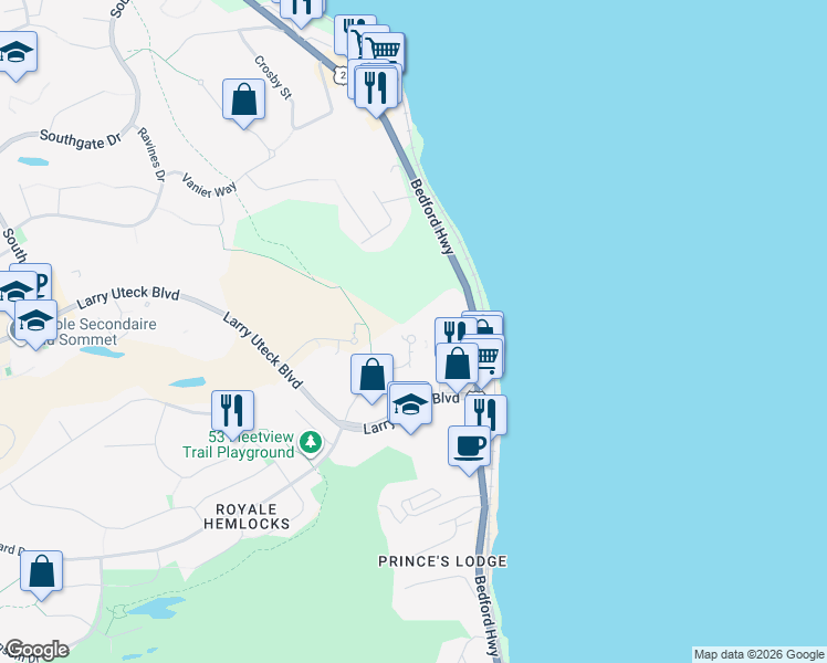 map of restaurants, bars, coffee shops, grocery stores, and more near 94 Bedros Lane in Halifax